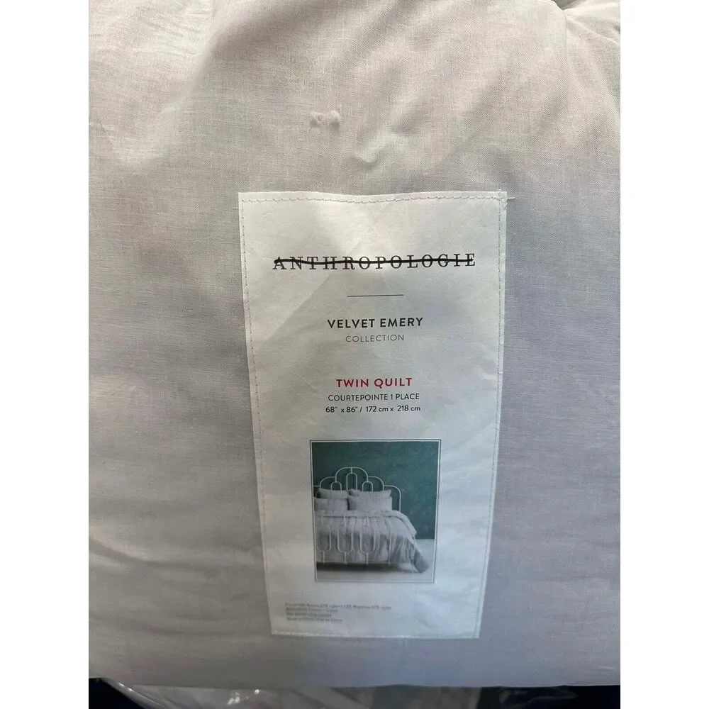 New Anthropologie Velvet Emery Twin Size Quilt in Gray 68